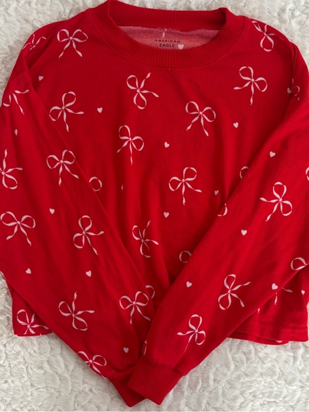 American Eagle Red Bow-Print Cozy Crewneck